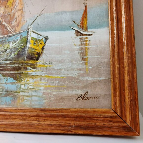 Vintage Original Oil Painting Harbor Scene & Boats Wood Frame Signed Bloom 21x17 - Picture 4 of 8